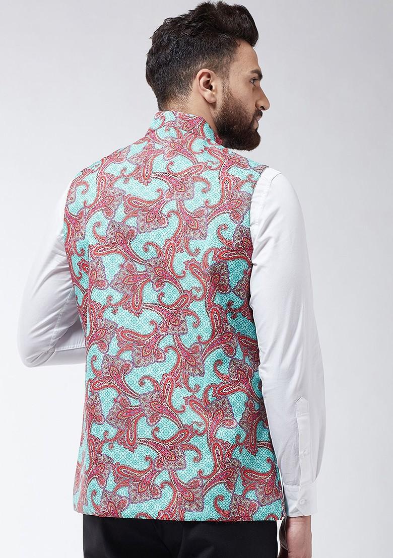 Turquoise Blue Printed Poly Blend Nehru Jackets For Men