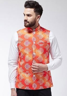Orange Printed Poly Blend Nehru Jackets For Men