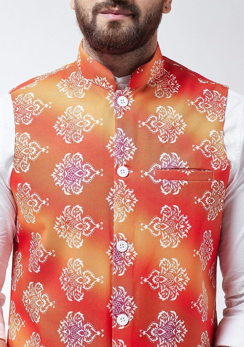 Orange Printed Poly Blend Nehru Jackets For Men