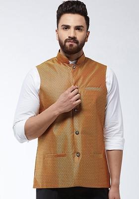 Gold Woven Poly Blend Nehru Jackets For Men