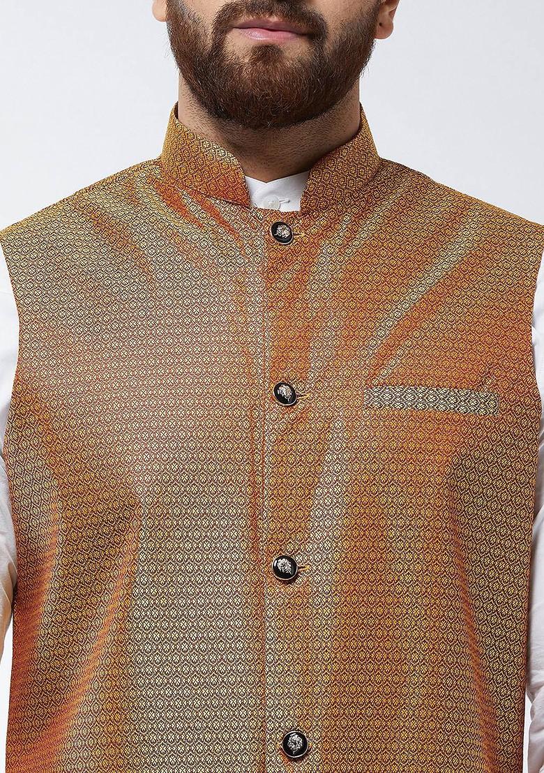 Gold Woven Poly Blend Nehru Jackets For Men