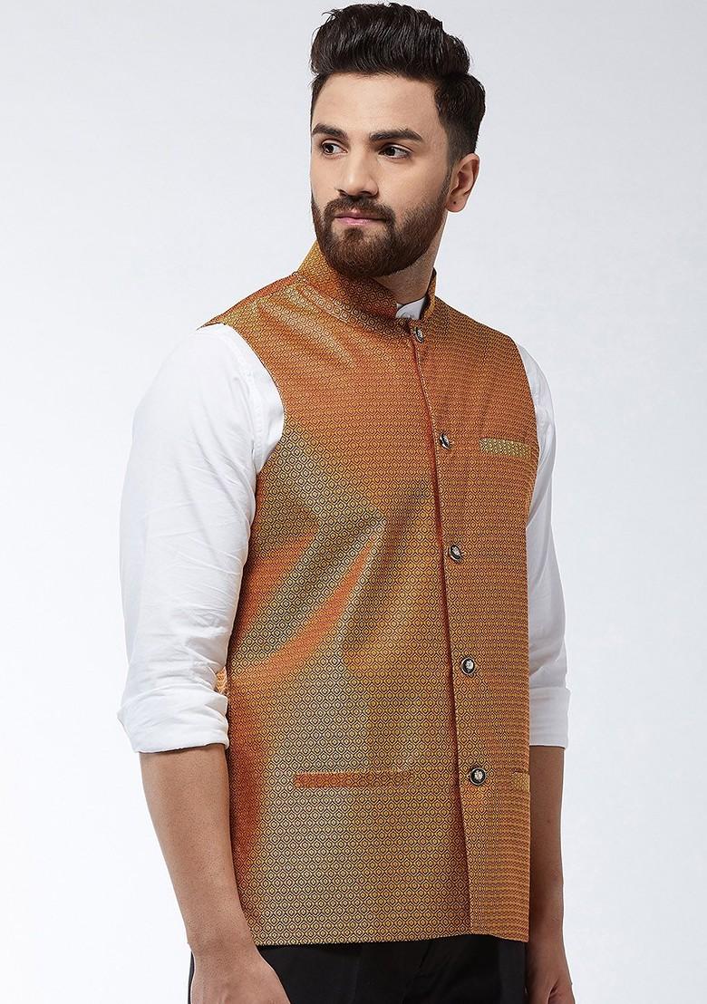 Gold Woven Poly Blend Nehru Jackets For Men