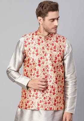 Beige Printed Poly Blend Nehru Jackets For Men