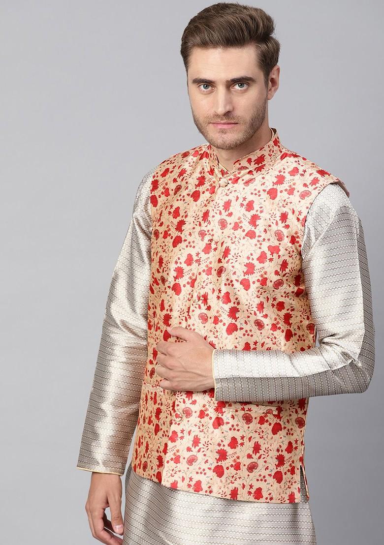 Beige Printed Poly Blend Nehru Jackets For Men