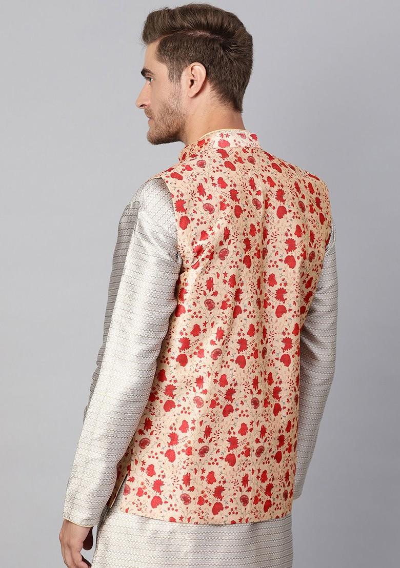 Beige Printed Poly Blend Nehru Jackets For Men