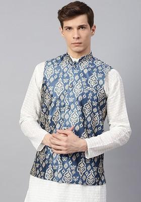 Blue Printed Poly Blend Nehru Jackets For Men