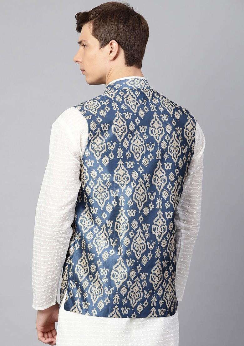 Blue Printed Poly Blend Nehru Jackets For Men