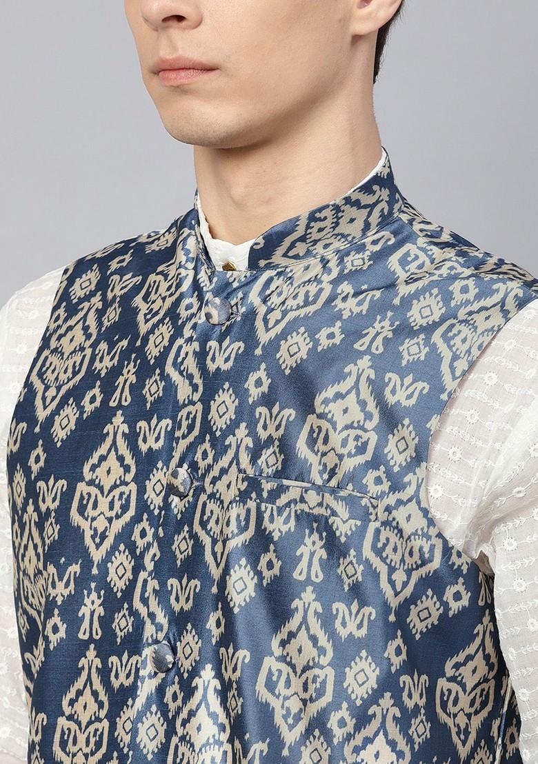 Blue Printed Poly Blend Nehru Jackets For Men