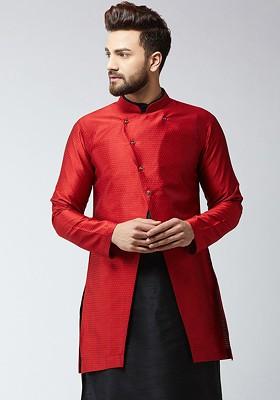 Maroon Woven Poly Blend Nehru Jackets For Men