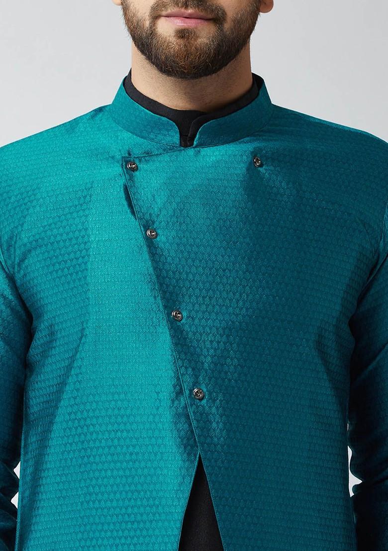 Blue Woven Poly Blend Nehru Jackets For Men
