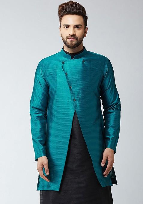 Blue Woven Poly Blend Nehru Jackets For Men — view on Indya