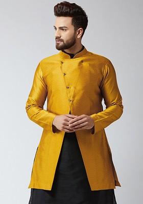 Mustard Woven Poly Blend Nehru Jackets For Men