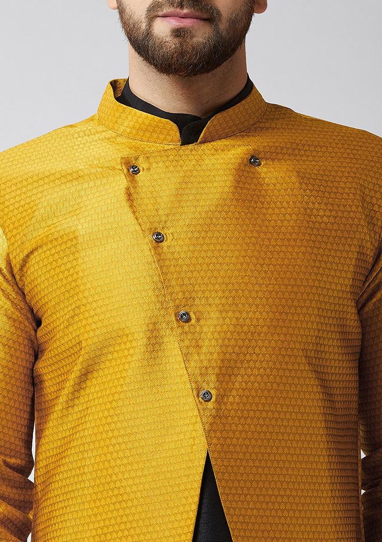 Mustard Woven Poly Blend Nehru Jackets For Men