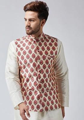 Maroon Printed Poly Blend Nehru Jackets For Men