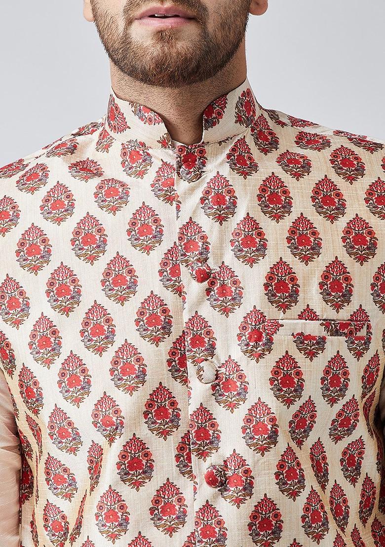 Maroon Printed Poly Blend Nehru Jackets For Men