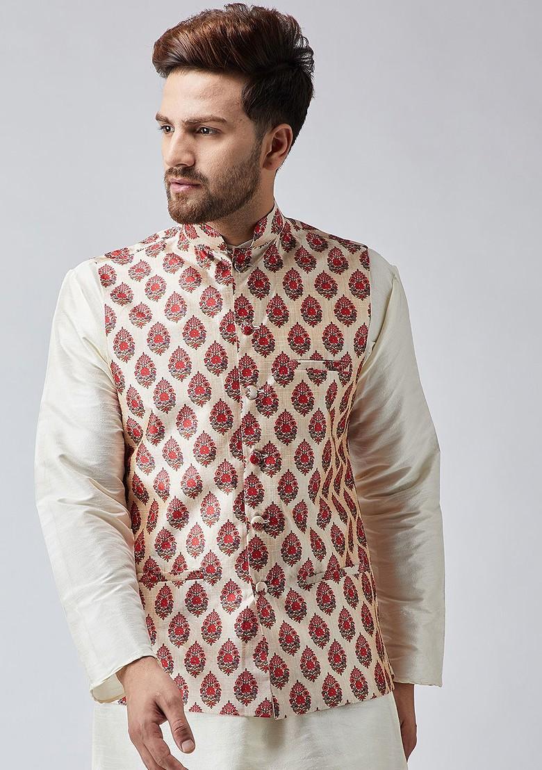 Maroon Printed Poly Blend Nehru Jackets For Men