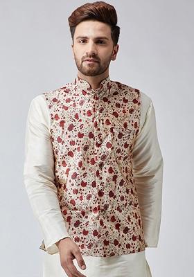Maroon Printed Poly Blend Nehru Jackets For Men