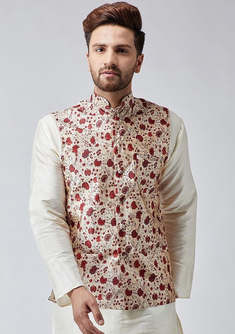 Maroon Printed Poly Blend Nehru Jackets For Men