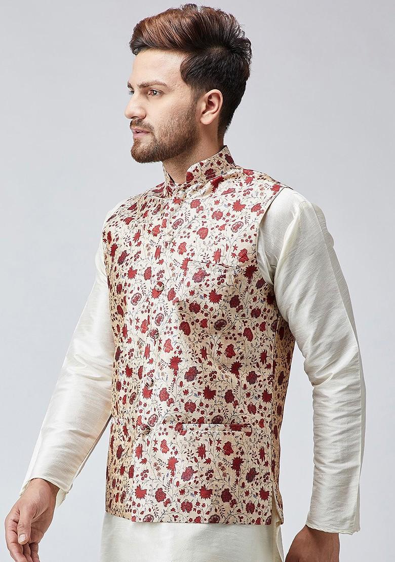 Maroon Printed Poly Blend Nehru Jackets For Men
