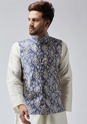 Blue Printed Poly Blend Nehru Jackets For Men