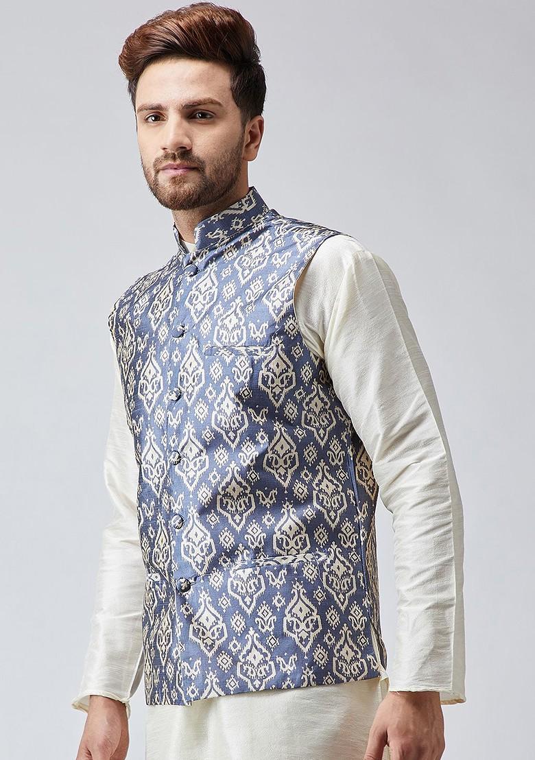 Blue Printed Poly Blend Nehru Jackets For Men
