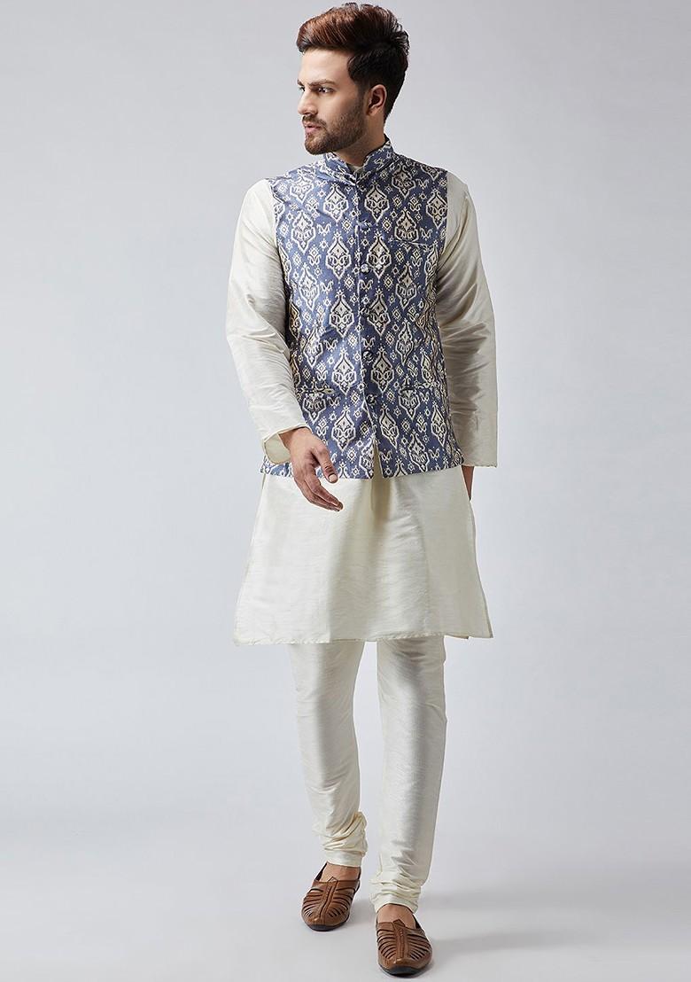 Blue Printed Poly Blend Nehru Jackets For Men