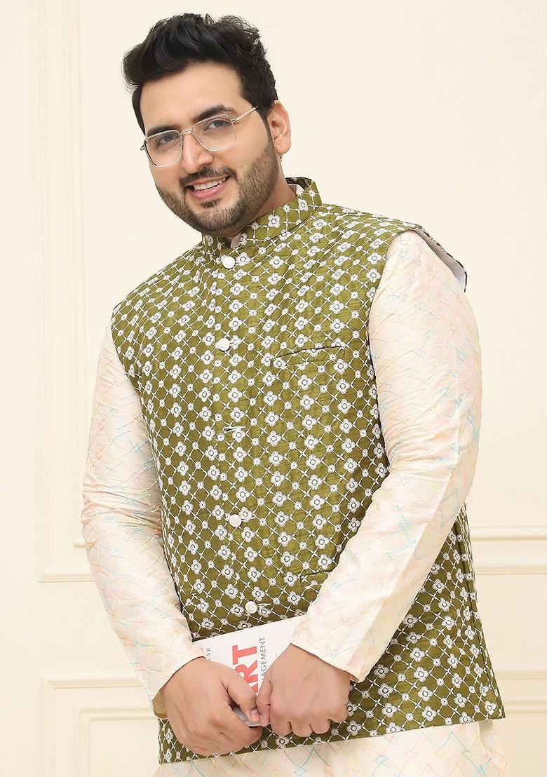 Green Embroidered Cotton Nehru Jackets For Men