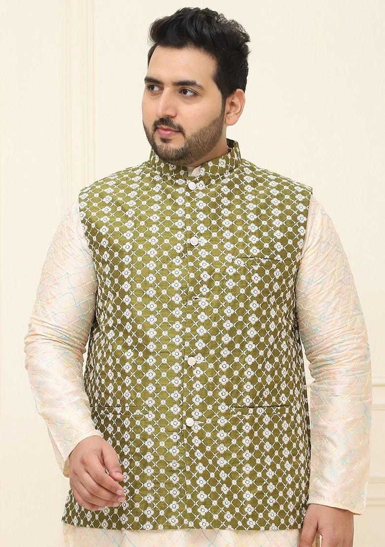 Green Embroidered Cotton Nehru Jackets For Men