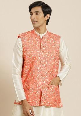 Peach Ethnic Motifs Cotton Nehru Jackets For Men