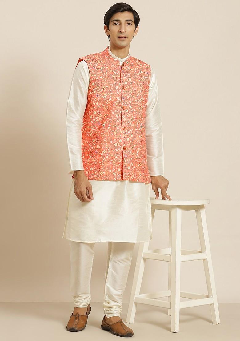 Peach Ethnic Motifs Cotton Nehru Jackets For Men