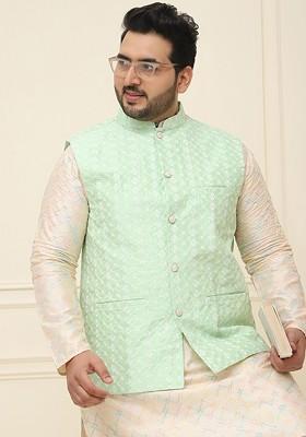 Green Embroidered Cotton Nehru Jackets For Men