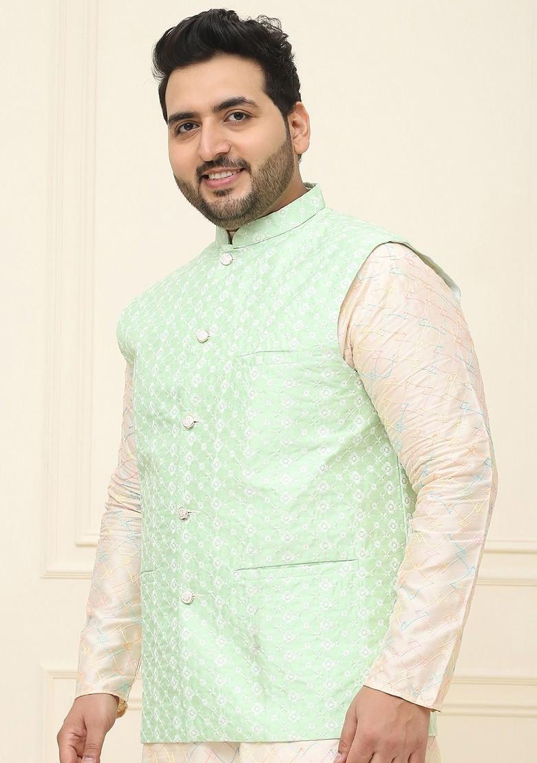Green Embroidered Cotton Nehru Jackets For Men