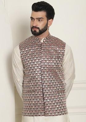 Maroon Embroidered Poly Blend Nehru Jackets For Men