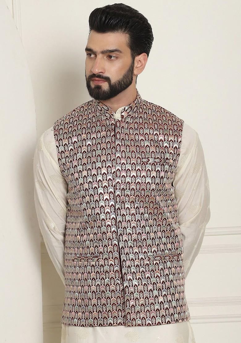 Maroon Embroidered Poly Blend Nehru Jackets For Men