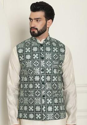 Green Embroidered Poly Blend Nehru Jackets For Men
