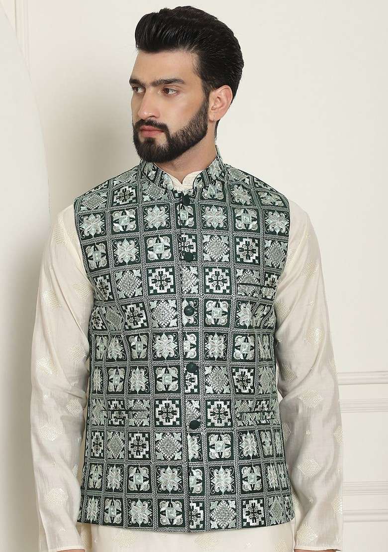 Green Embroidered Poly Blend Nehru Jackets For Men - Indya