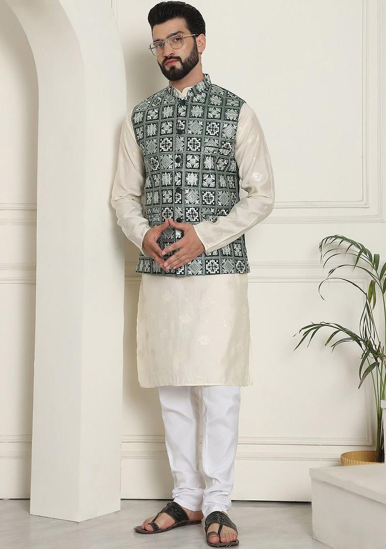 Green Embroidered Poly Blend Nehru Jackets For Men