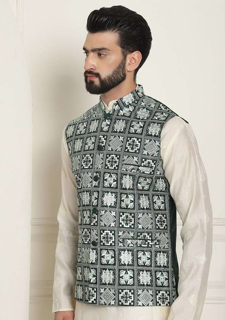 Green Embroidered Poly Blend Nehru Jackets For Men - Indya