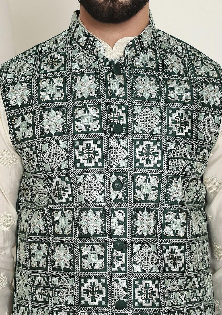 Green Embroidered Poly Blend Nehru Jackets For Men