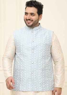 Blue Embroidered Poly Blend Nehru Jackets For Men