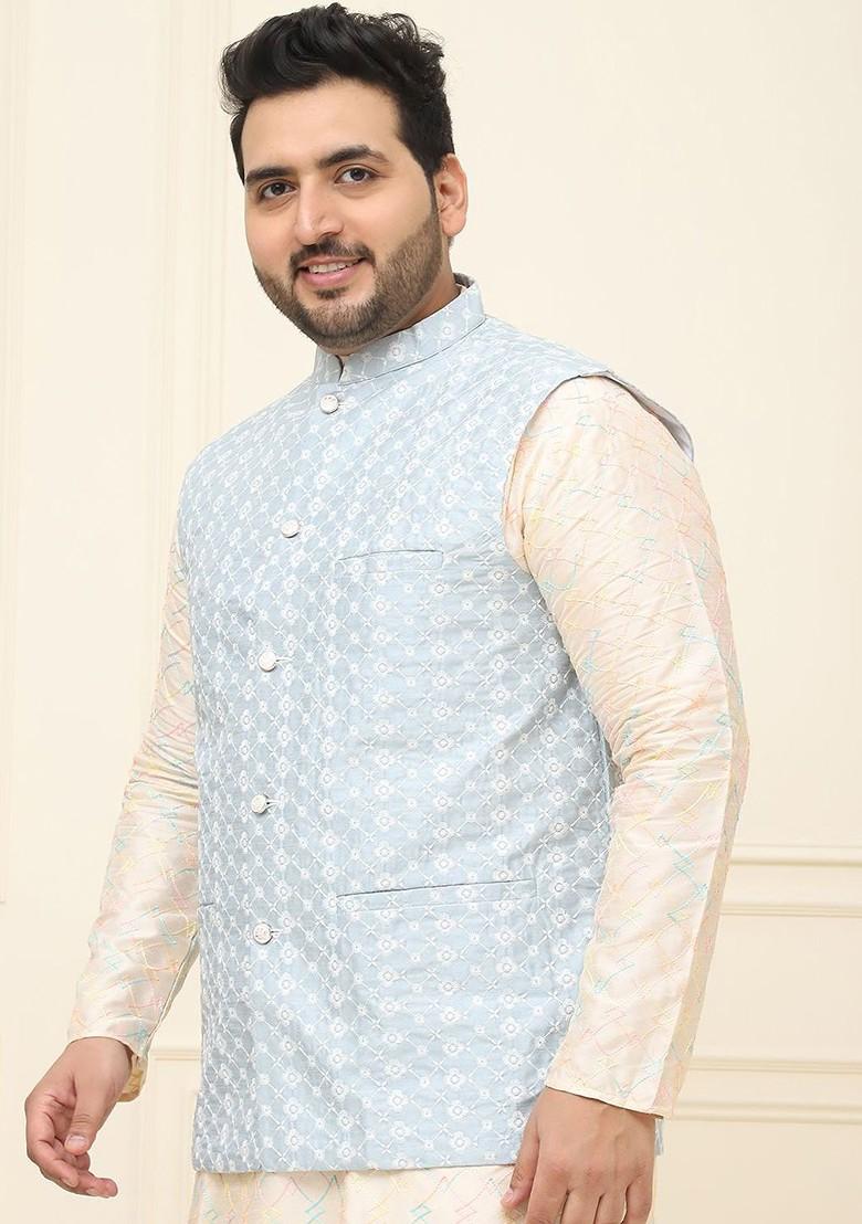 Blue Embroidered Poly Blend Nehru Jackets For Men
