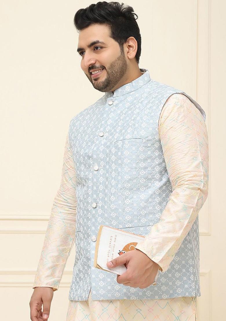 Blue Embroidered Poly Blend Nehru Jackets For Men