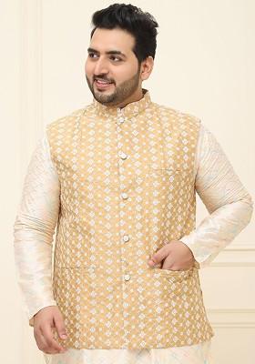 Beige Embroidered Poly Blend Nehru Jackets For Men