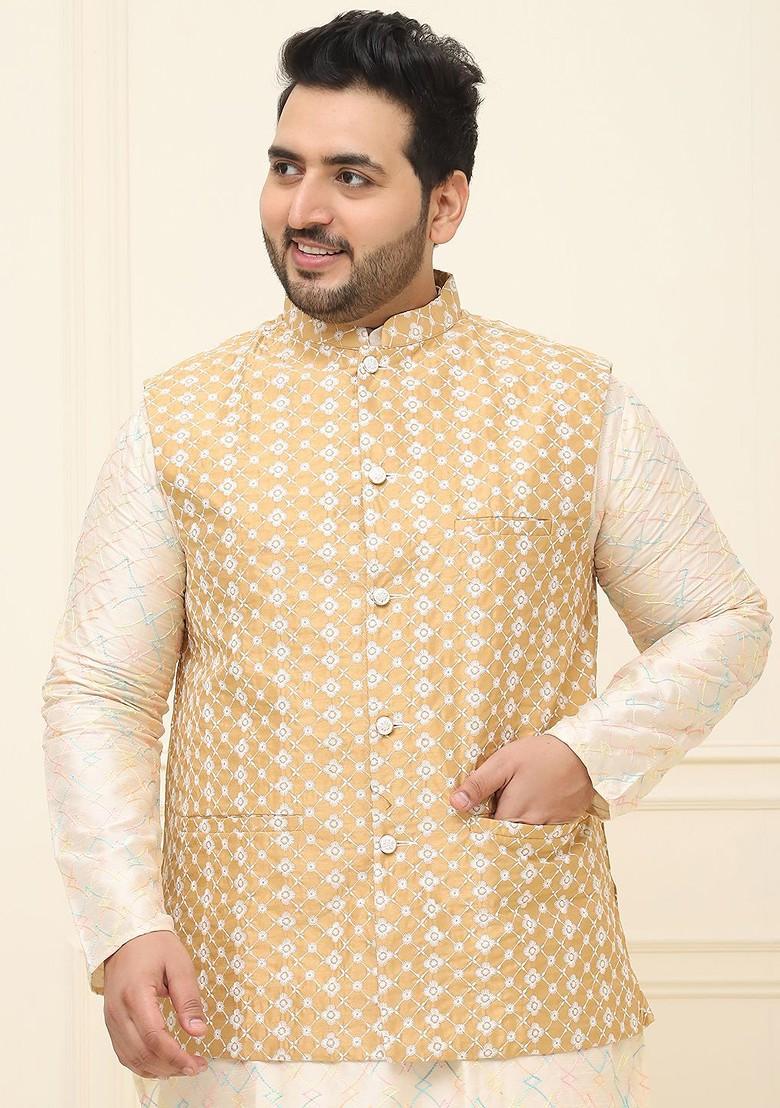 Beige Embroidered Poly Blend Nehru Jackets For Men