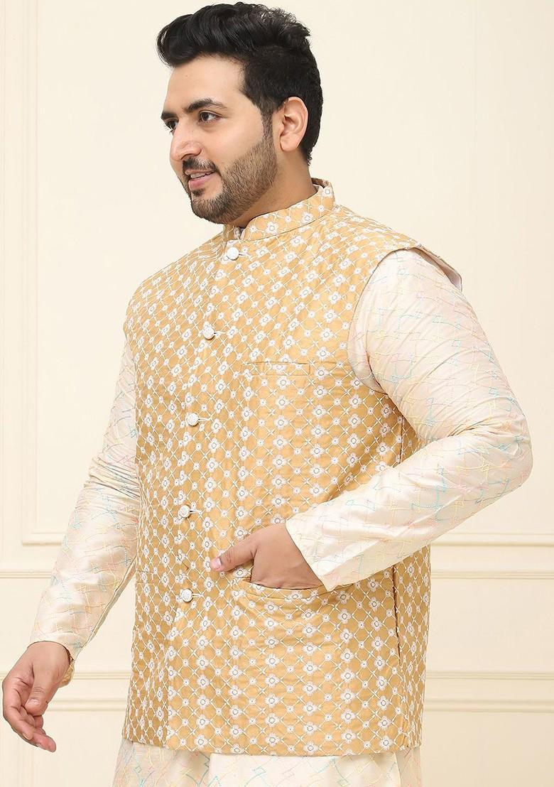 Beige Embroidered Poly Blend Nehru Jackets For Men