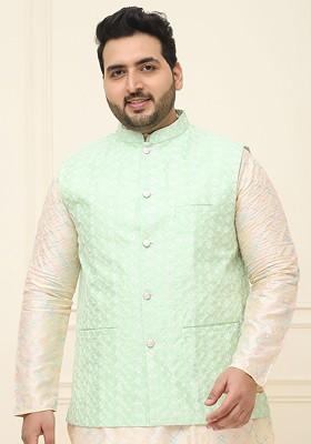 Green Embroidered Poly Blend Nehru Jackets For Men