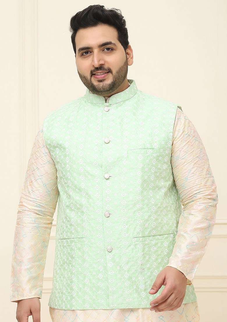 Green Embroidered Poly Blend Nehru Jackets For Men - Indya