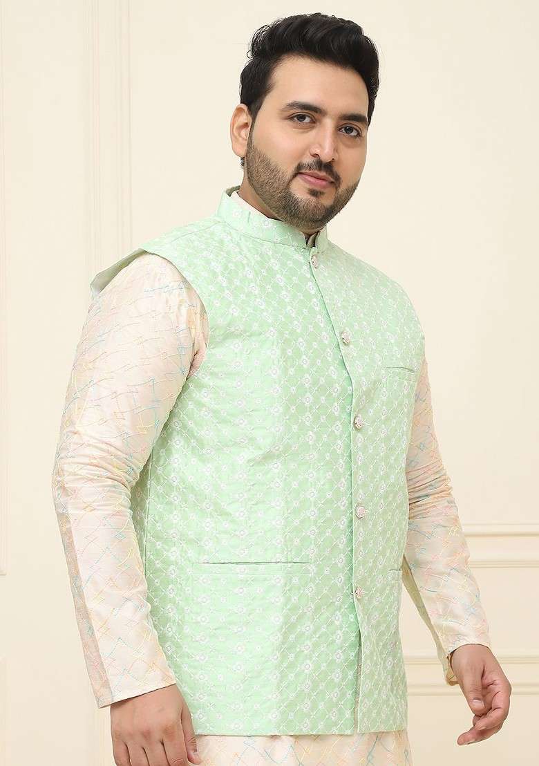 Green Embroidered Poly Blend Nehru Jackets For Men - Indya