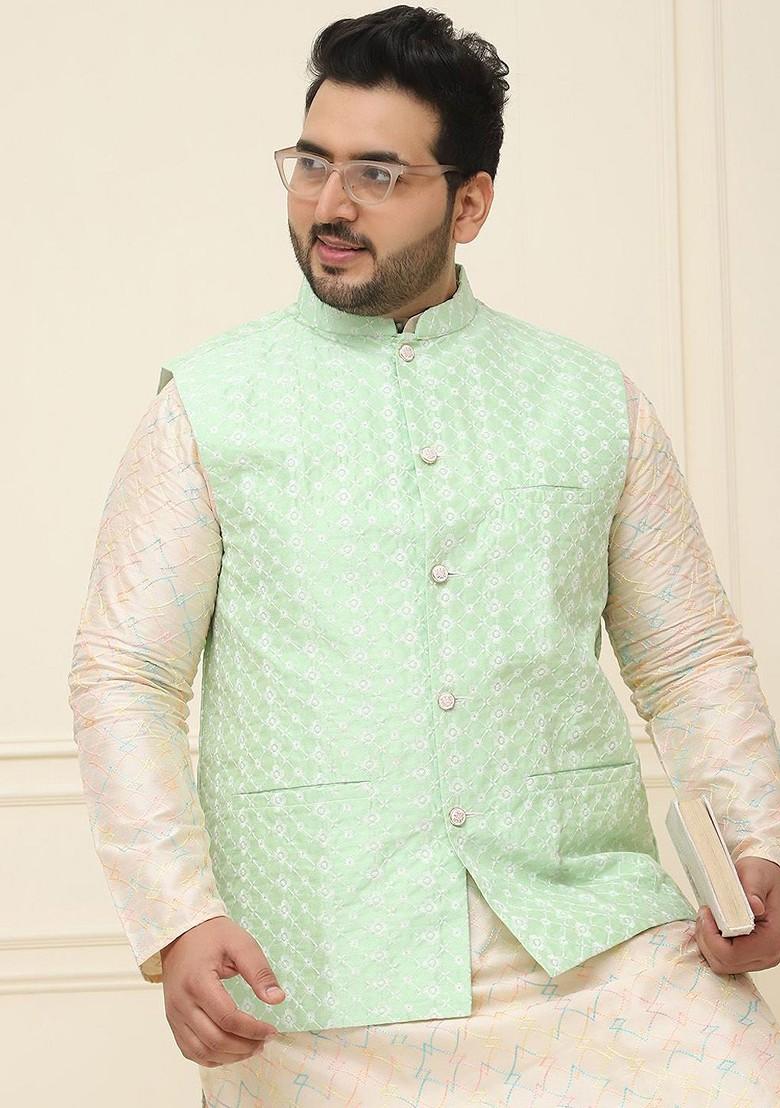 Green Embroidered Poly Blend Nehru Jackets For Men