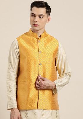 Mustard Solid Poly Blend Nehru Jackets For Men